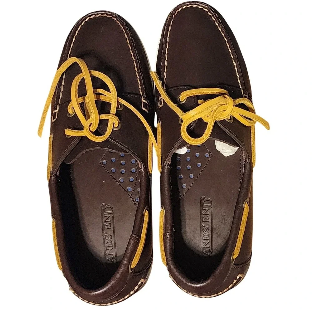 Lands End Brown Leather Boat Shoes Preppy Size 8.5 D READ These Run SMALL